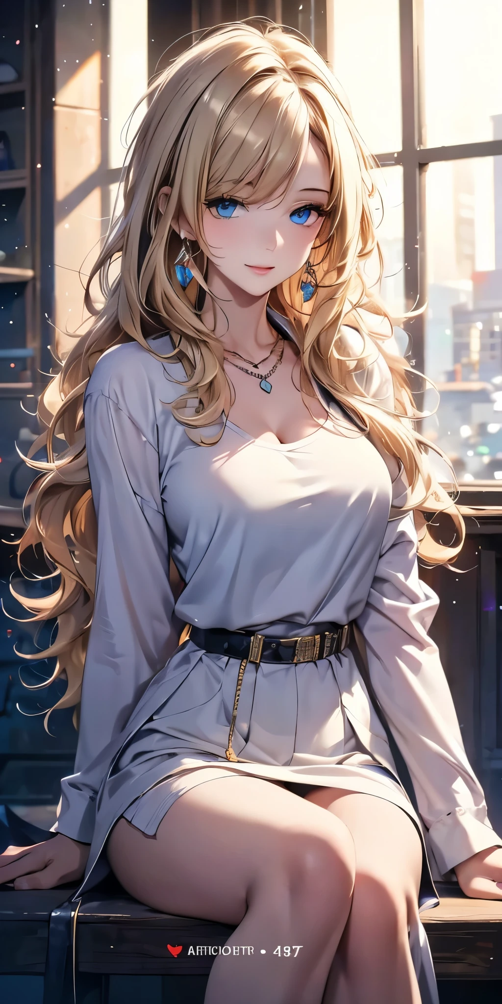 best quality, masterpiece, high resolution, A girl, portrait, actual, blue eyes, Blonde hair, Large Breasts, fashion brand image, Fashionable and casual, Fashion Clothing, necklace, jewelry, Pretty Face, Perfect breasts, Tyndall effect, lifelike, Dark Studio, Side light, Two-color lighting, (HD Skin:1.2), 8K Ultra HD, SLR camera, Soft Light, high quality, Volumetric Lighting, frank, photography, high resolution, 4K, 8k, Bokeh, concept art, Art work