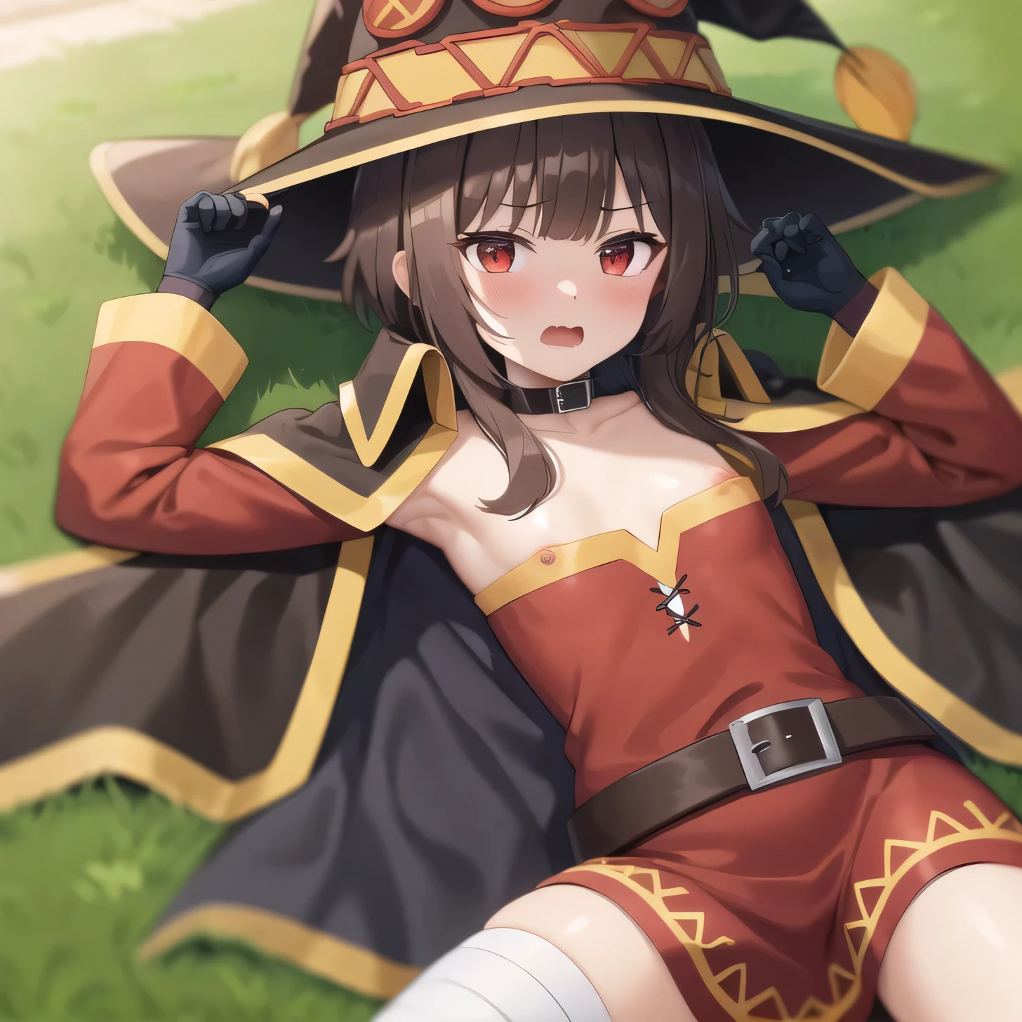 HDR, 8K, 4K, masterpiece, beatiful quality, 1girl, red eyes, solo, brown hair, short hair with long locks, bangs, hat, witch hat, collarbone, cape, black gloves, collar, small , Megumin, megumin's style, Megumin,megumin's style, cape, hat, green field, torn clothes, laying down on grass, embarrassed, upskirte slip