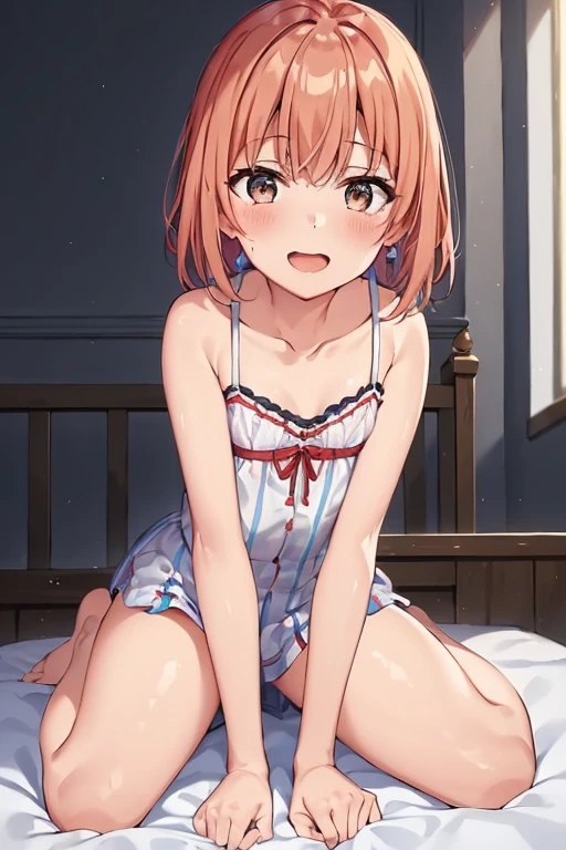 ((highest quality)), ((masterpiece)), (be familiar with), Perfect Face, indoor, Bedroom, Watching the audience,
One woman, Yuigahama Yui,
Open Mouth, Ecstatic expression, blush, smile,
Small breasts, Flat Chest, Young Girl, , , Girl,
Short Hair, Salmon-colored hair, Salmon-colored eyes, Side Pony,
Leg spread,