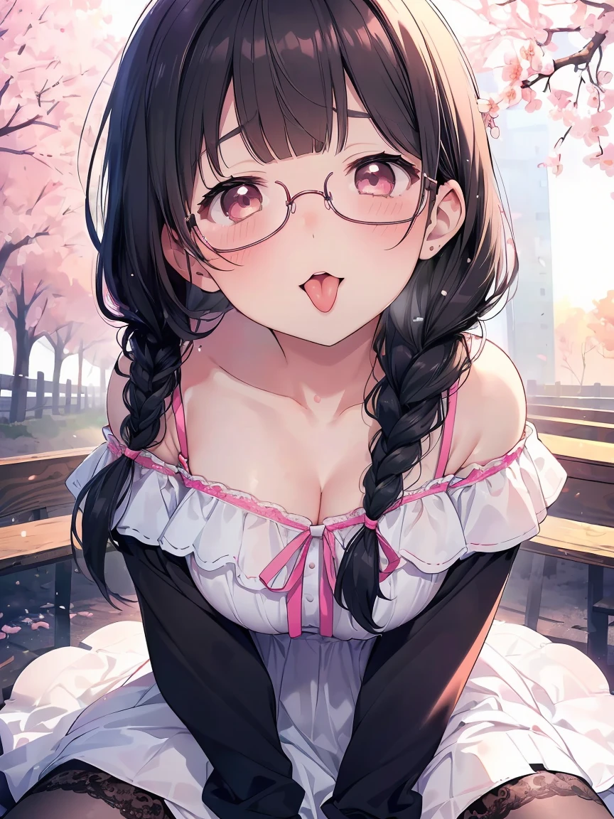 Very detailed, Highest quality, High resolution, Moe Anime, ((黒髪でDroopy eyesの可愛い女の子)), ((Wearing large round glasses:1.4)), (Baby Face), Cute eyes, Detailed eye depiction, Eyes sparkling, View your audience, Pale skin, (Big eyes:1.4, Droopy eyes:1.4, Torogao:1.4), Focus on the face, In the park where cherry blossoms are falling, Sitting, (Extreme close up of tongue), (((From above:1.2))), (Please open your mouth wide:1.5), (((Face only:1.3))), ((Sheer white lace sleeveless dress)), Bright Eyes, (Put your hands between your legs:1.4), large and long tongue, Cleavage, ribbon, ((Nipples are visible through the fabric)), (Braided hairstyle:1.4), ((nsfw)), ((Petite)), ((Young)), ((Parted bangs:1.3))