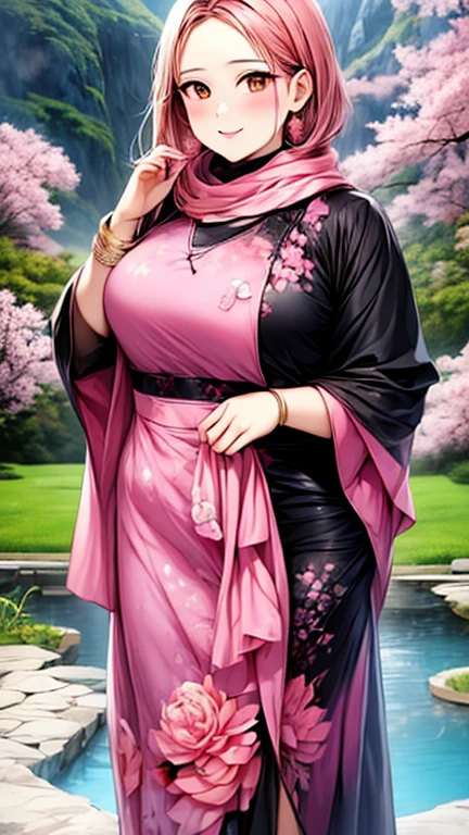 a gorgeous indonesian hijab girl in a misty mountains, lotus pond, cherry blossoms,  a fuchsia colour scarf, ((and a black gamis dress with abstract printed of pink and purple flowers)), chubby, necklace, bracelet, dynamic pose, detailed detail, real skin texture, best quality, ultra sharp, 