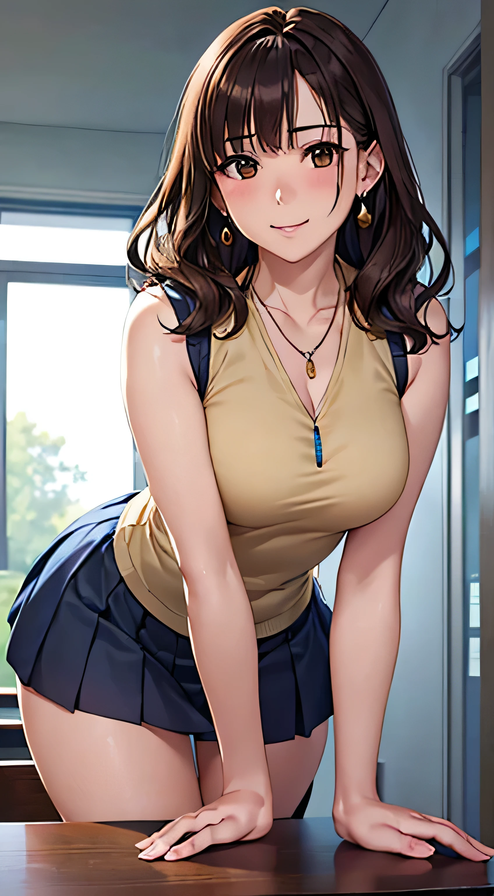 (Tabletop, highest quality, High resolution, , Perfect Pixel, 4K,), 1 girl, single, alone, Beautiful woman、I could see the whole body、 ((Wavy mid-length hair, bangs, Brown Hair)), ((Brown eyes, Beautiful eyelashes, Realistic eyes)), ((Detailed face, blush:1.2)), ((Smooth texture:0.75, Realistic texture:0.65, Realistic:1.1, Anime CG Style)), Medium Chest, Dynamic Angle, Perfect body, female teacher、((, Beige sleeveless top、Dark Blue Long Pleated Skirt、Black Stockings、Cute Necklace、Earrings、)), look up、A shy smile、Accentuate your breasts、Put your hands behind your back、Leaning forward significantly、)、Angle from below、classroom、、、