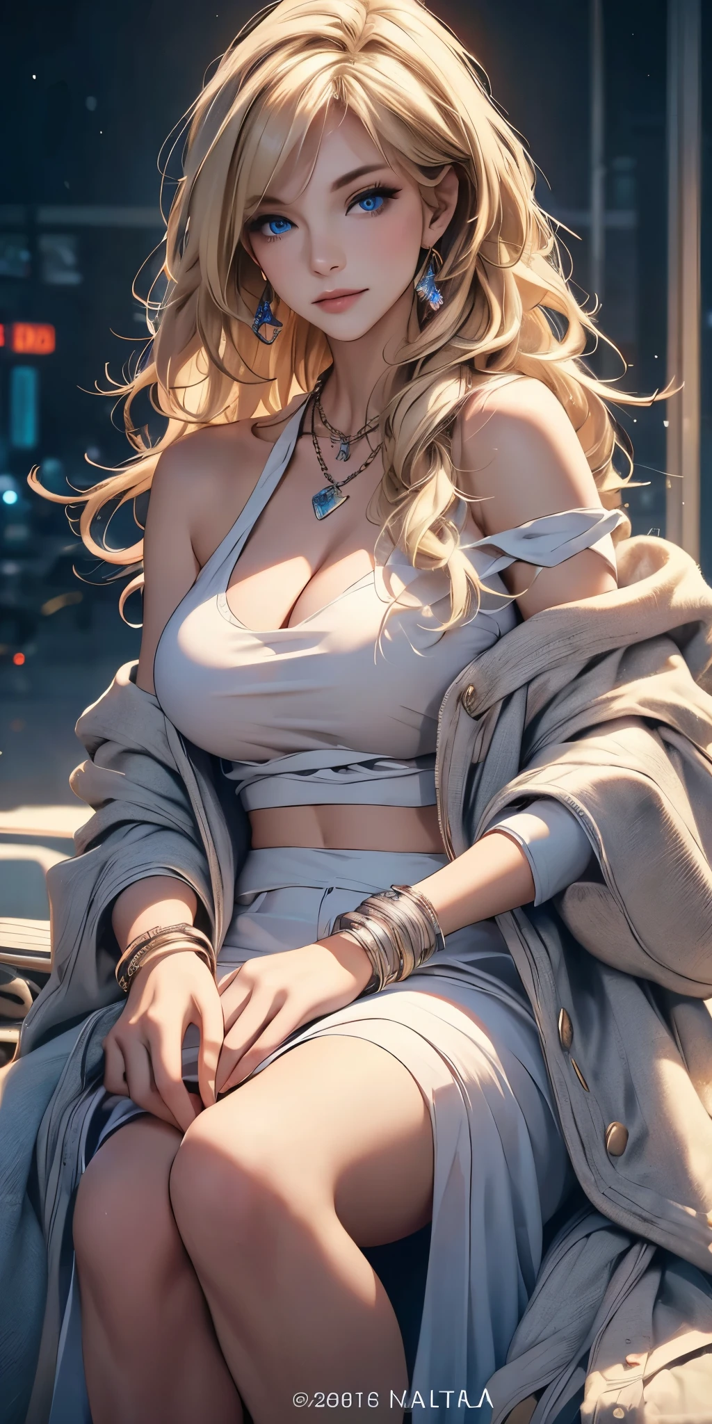 best quality, masterpiece, high resolution, A girl, portrait, actual, blue eyes, Blonde hair, Large Breasts, fashion brand image, Fashionable and casual, Fashion Clothing, necklace, jewelry, Pretty Face, Perfect breasts, Tyndall effect, lifelike, Dark Studio, Side light, Two-color lighting, (HD Skin:1.2), 8K Ultra HD, SLR camera, Soft Light, high quality, Volumetric Lighting, frank, photography, high resolution, 4K, 8k, Bokeh, concept art, Art work