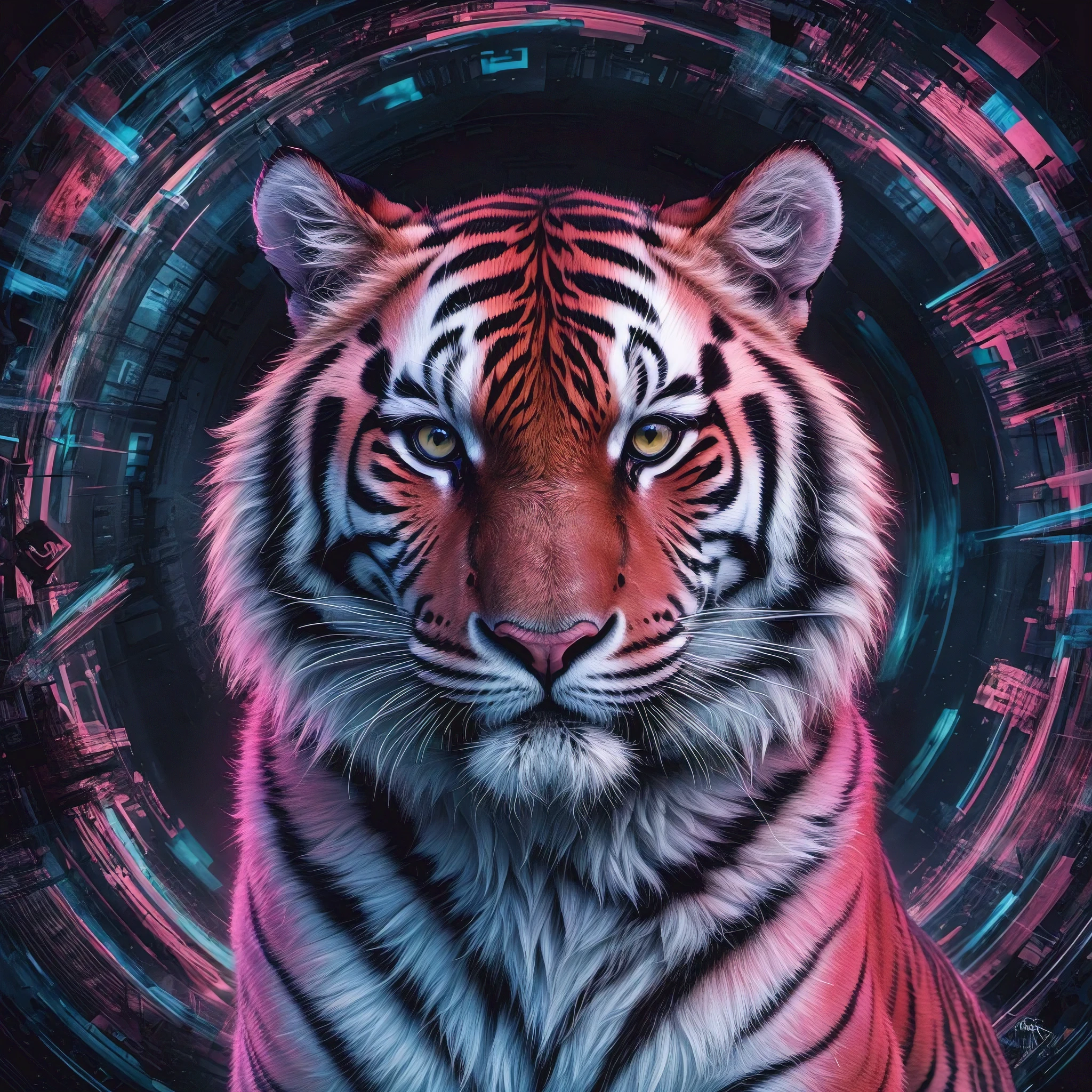 A stunning, ultra-high-definition digital painting of a Siberian tiger, showcasing the perfect blend of abstract digital art and neon colors. The tiger's eyes gleam with an intense, almost otherworldly gaze, accentuated by the vibrant, electric hues adorning its fur. The background is a swirling vortex of digital graffiti, with expressive brush strokes and surreal elements that add depth and intrigue to the scene. The overall aesthetic is modern and captivating, with the bold, imaginative portrayal of the majestic tiger set against a backdrop of mesmerizing digital artistry.