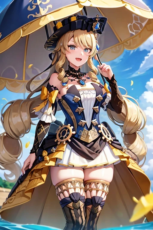 navia_gi, looking at viewer, smile, open mouth, skirt, thighhighs, gloves, hat, dress, holding, bare shoulders, standing, :d, outdoors, detached sleeves, sky, day, cloud, blue sky, umbrella, garter straps, drill hair, brown gloves, water drop, holding umbrella, brown headwear, rainbow