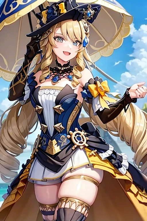 navia_gi, looking at viewer, smile, open mouth, skirt, thighhighs, gloves, hat, dress, holding, bare shoulders, standing, :d, outdoors, detached sleeves, sky, day, cloud, blue sky, umbrella, garter straps, drill hair, brown gloves, water drop, holding umbrella, brown headwear, rainbow