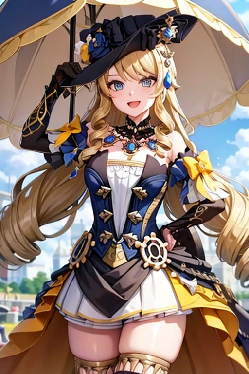 navia_gi, looking at viewer, smile, open mouth, skirt, thighhighs, gloves, hat, dress, holding, bare shoulders, standing, :d, outdoors, detached sleeves, sky, day, cloud, blue sky, umbrella, garter straps, drill hair, brown gloves, water drop, holding umbrella, brown headwear, rainbow