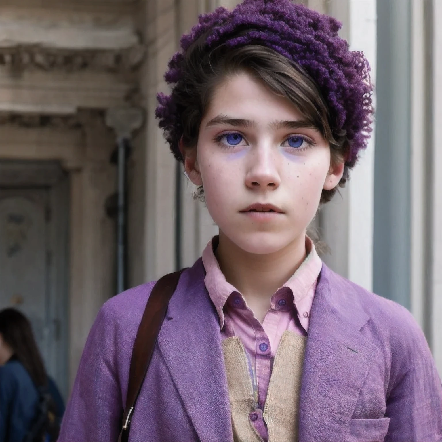 photo of a Columbia student，16 years old, in Purple Pink, Linen coarse cloth, (freckles:0.8) Blush，cute face, scifi, dystopian, detailed eyes, cobalt blue eyes（（Side view））Shy