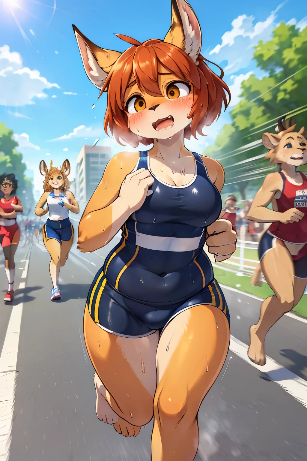 High-definition face , furry Gazelle girl and Lion , round face , (tilt face:1.2) , moist eyes , (Swollen cheeks:1.2) , glossy lips , flat chest , Lower back swelling , tight fit gym wear , harf gym shorts , barefoot , Sprinting in the marathon , (motion blur) , (sweat stain:1.3) , Chased by Drooling carnivores , Carnivore right behind