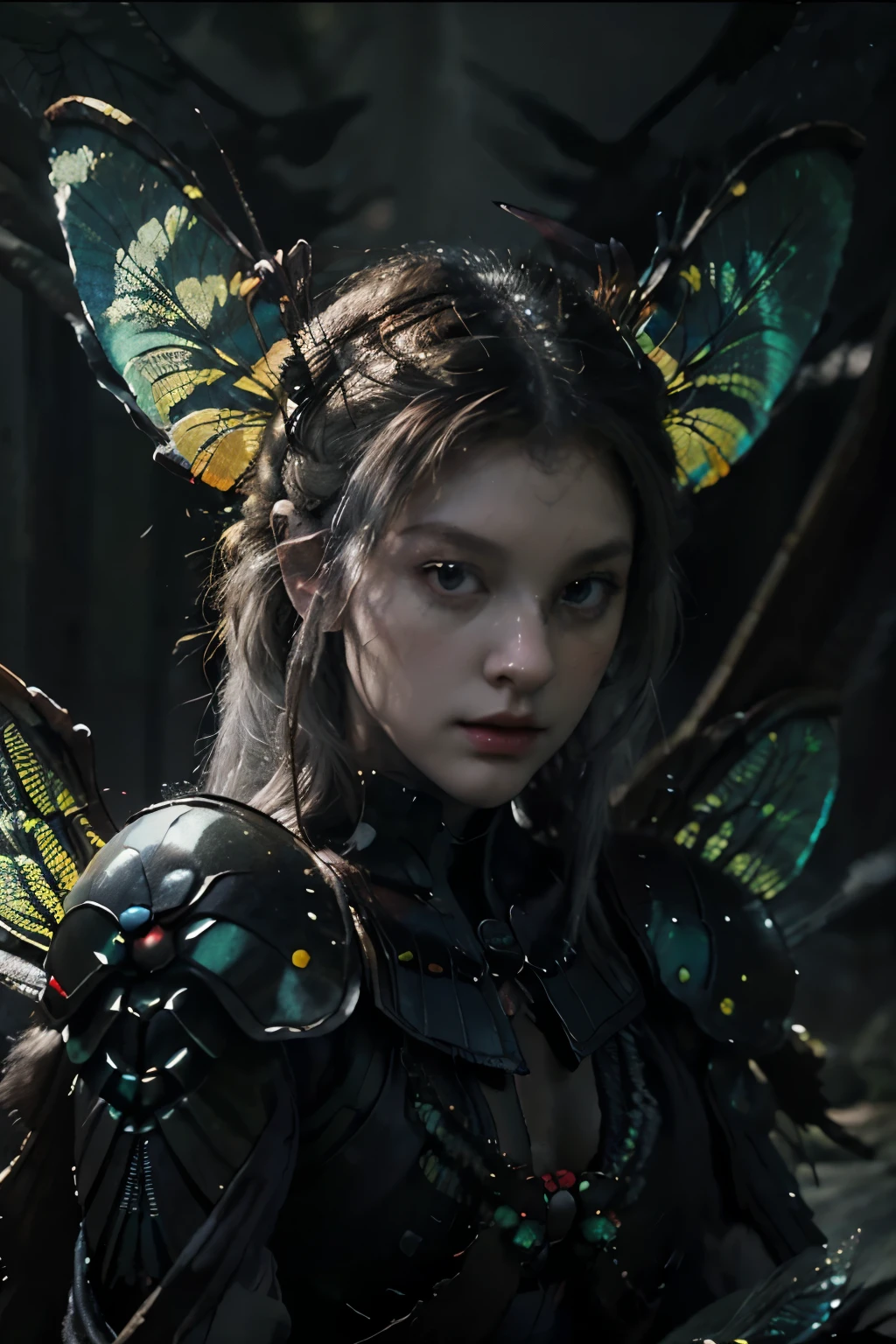 (realistic:1.3) HD, High quality, Cinematic lighting, wide angle, (shallow focus:1.4), )(Caravaggio:1.3), (Chiaroscuro:1.4), (Gundam style:1.3). Dark, cosmic horror, (psychedelic:1.3). Ancients, Gods, Esoteric, ominous Alien. Beautiful and Elegant Goddess, (Very Clear Dragonfly Wings:1.5), sitting cross-legged, (Fantastic grey hair:1.3). Black, Red, and Royal Green Military-styled multilayered bio-mechanical paneled armor. Subtle red and yellow neon light emanates from beneath some of her biomechanical parts. Atmospheric (glowing:1.3), Nebulous, hazy, dark misty atmospheric background,