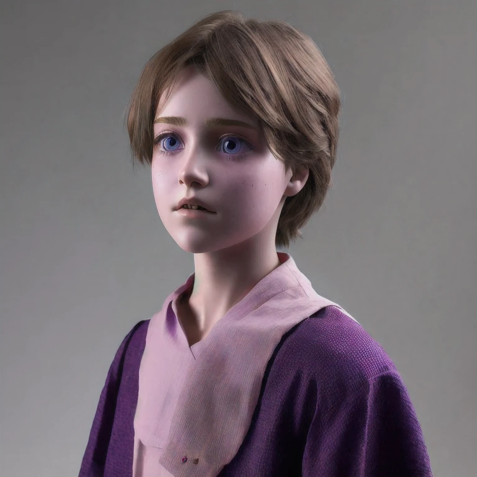 photo of a Columbia student，16 years old, in Purple Pink, Linen coarse cloth, (freckles:0.8) Blush，cute face, scifi, dystopian, detailed eyes, cobalt blue eyes（（Side view））Shy