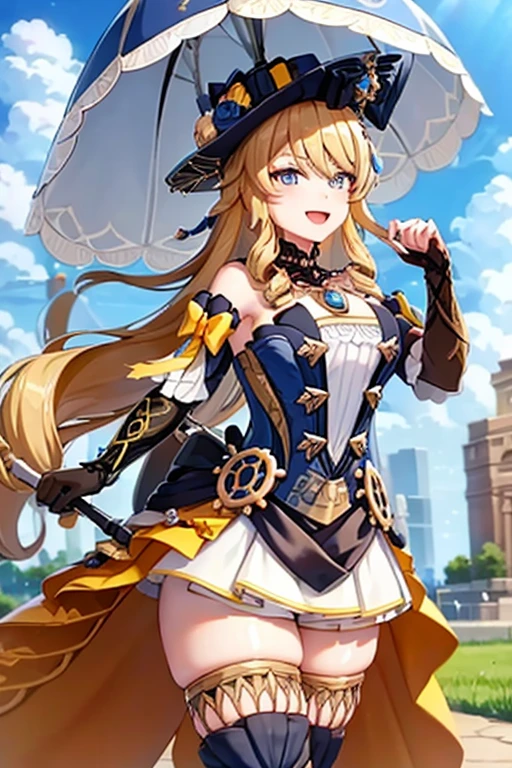 navia_gi, looking at viewer, smile, open mouth, skirt, thighhighs, gloves, hat, dress, holding, bare shoulders, standing, :d, outdoors, detached sleeves, sky, day, cloud, blue sky, umbrella, garter straps, drill hair, brown gloves, water drop, holding umbrella, brown headwear, rainbow
