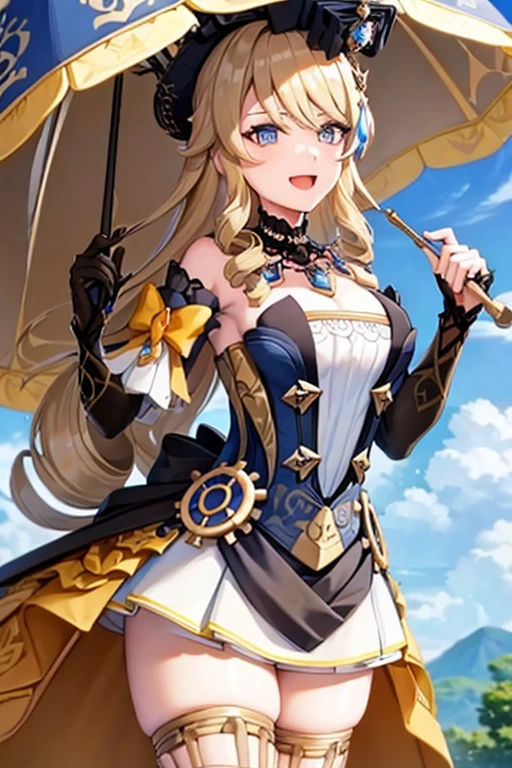 navia_gi, looking at viewer, smile, open mouth, skirt, thighhighs, gloves, hat, dress, holding, bare shoulders, standing, :d, outdoors, detached sleeves, sky, day, cloud, blue sky, umbrella, garter straps, drill hair, brown gloves, water drop, holding umbrella, brown headwear, rainbow