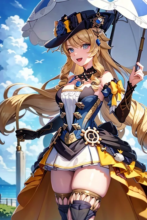 navia_gi, looking at viewer, smile, open mouth, skirt, thighhighs, gloves, hat, dress, holding, bare shoulders, standing, :d, outdoors, detached sleeves, sky, day, cloud, blue sky, umbrella, garter straps, drill hair, brown gloves, water drop, holding umbrella, brown headwear, rainbow