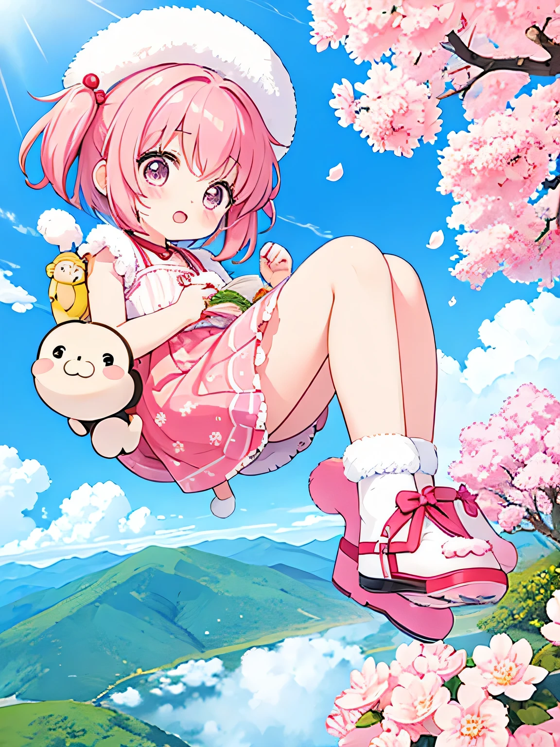 Momoko Sakura Style, Kawaii Design, Chibi girl monkey, monkey Forest, Above the Clouds, Carrying you