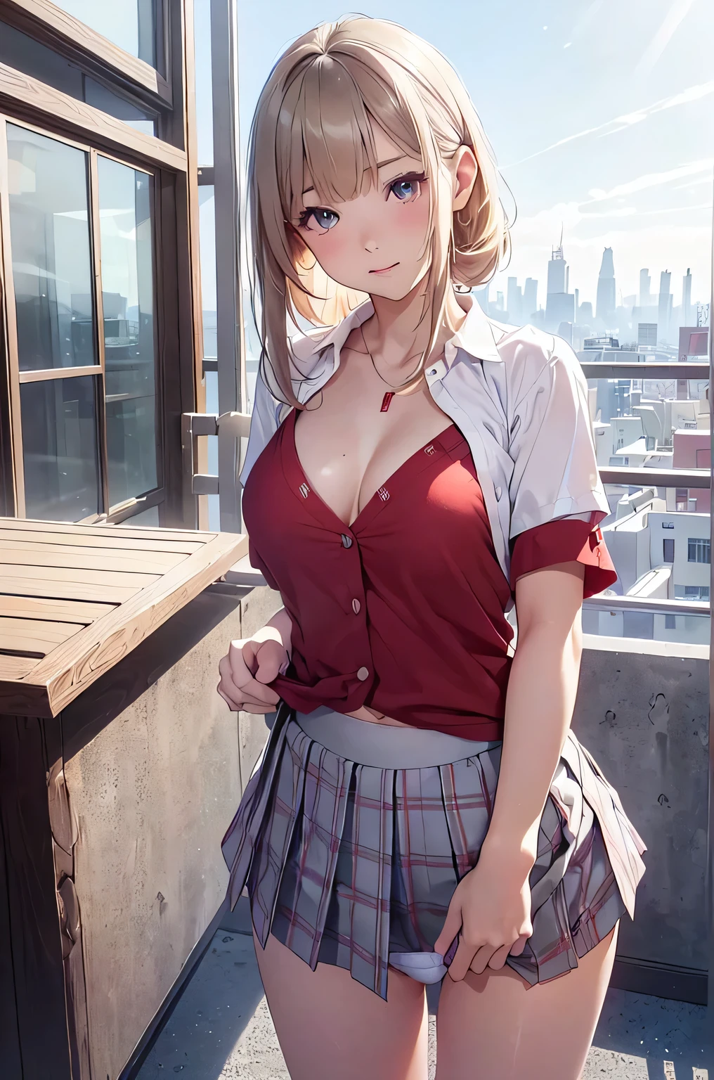 (Masterpiece:1.3、highest quality、Ultra-high resolution、Super detailed)、(Real:1.1、Photorealistic:1.4)、Beautiful illustrations、Perfect lighting、colorful、Border Depth、Beautiful hair in every detail、Beautiful face in every detail、Beautiful definition details、Beautiful clavicle、Beautiful body、Beautiful breasts、Beautiful thighs、Beautiful legs、Beautiful fingers、Show Viewer、1 girl、Japanese、high school girl、Perfect Face、(Perfect Anatomy、Anatomically correct)、Cute and symmetrical face、Baby face、Skin radiance、(Camel Toe:1.5、Shaved:1.2)、Blonde、Asymmetrical Bangs、blue eyes、Long eyelashes、(Chest)、Skinny、(Pull up your skirt、Not wearing underwear、No underwear:2、No bra:1.5)、((Collared short-sleeved shirt、White shirt、White panties、)Grey plaid pleated skirt、There is nothing attached under the skirt))、(Beautiful views)、noon、(Outdoor、distant cityscape)、Are standing、(She's pulling up her skirt herself:2)、(Cute smile、Blushing、Looking up、Open your mouth)、 (White knee socks:1.5)、hour々squat:1.2、Stick your fingers in your:1.2、