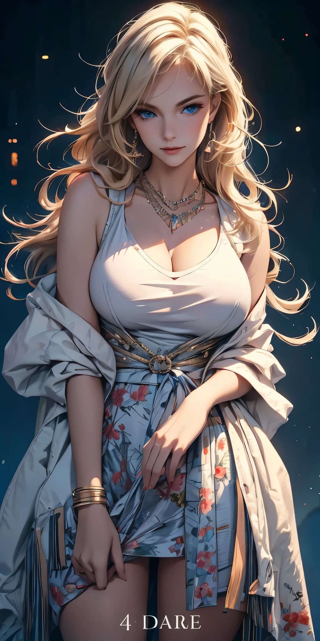 best quality, masterpiece, high resolution, A girl, portrait, actual, blue eyes, Blonde hair, Large Breasts, fashion brand image, Fashionable and casual, Fashion Clothing, necklace, jewelry, Pretty Face, Perfect breasts, Tyndall effect, lifelike, Dark Studio, Side light, Two-color lighting, (HD Skin:1.2), 8K Ultra HD, SLR camera, Soft Light, high quality, Volumetric Lighting, frank, photography, high resolution, 4K, 8k, Bokeh, concept art, Art work