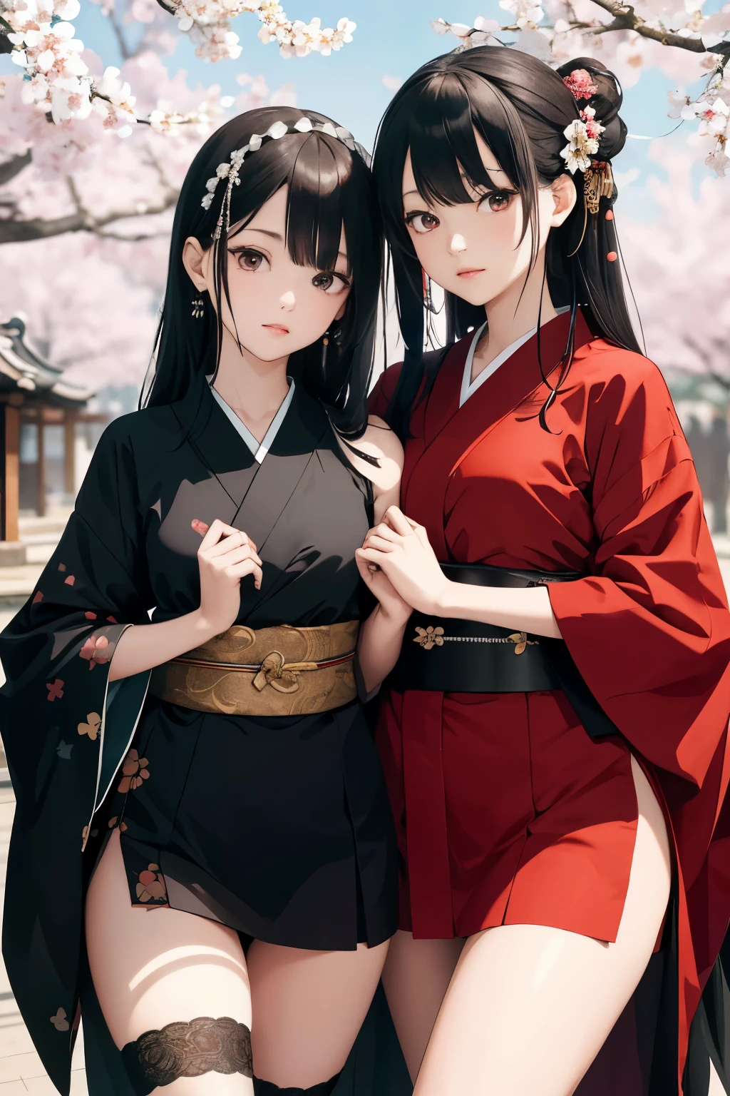(((SFW))), Hyper Realistic, 4K, High Resolution, ((masterpiece, best quality)),Two attractive girls adorned in traditional Japanese attire, black kimonos hugging their slender frames, black legwear covering their shimmering legs, black ribbons intricately tied around their waists. Their long, luscious black hair falls gently around their shoulders. Cherry blossoms bloom vividly in the background, adding a touch of elegance and tranquility to the scene. The girls gaze outwards, engaging the viewer with their mesmerizing red eyes. Multiple girls, dressed similarly, join them, their belts cinched tightly around their wa