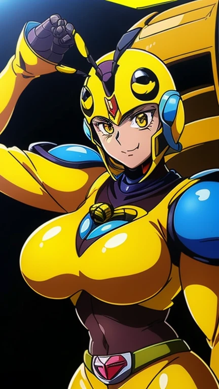 (high quality, Super detailed, 最high quality, Very detailed, beautiful, masterpiece),Realistic image of a bee mature woman,(Evil Cyborg Mech Monster Bee Monster),(Realistic upper body).(Evil Bee Yellow Cyborg Mech Monster Rubber Suit:1.5),(Evil Bee Cyborg Mech Monster Helmet:1.5),Bee Shoulder Armor,Bee Armor Suit,Big Tits,Big cleavage,(Human face:1.5)