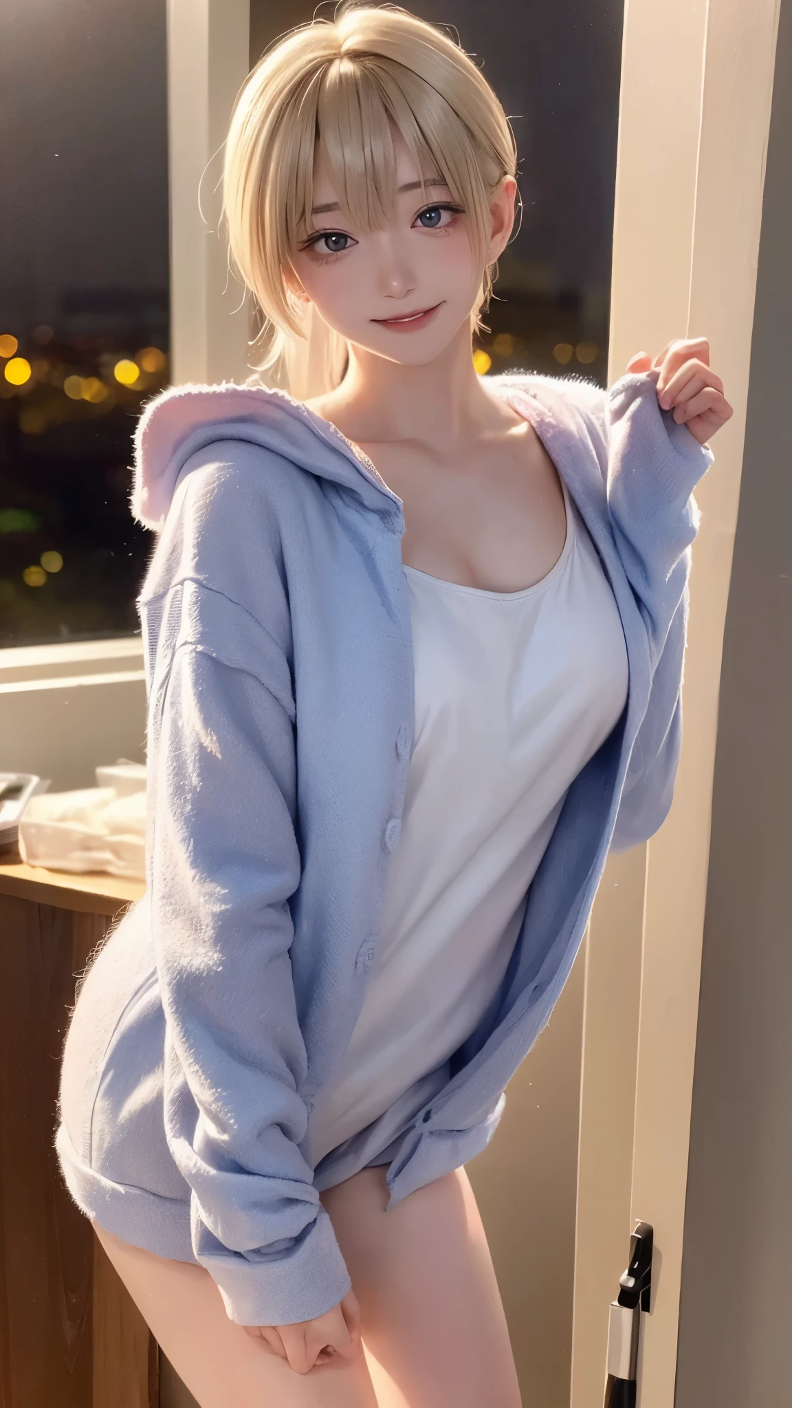 (tmasterpiece),(best qualtiy),8K,high detal,pov_doorway,1girl,blush,looking_at_viewer,cleavage,white hair,naked_apron,huge titasterpiece, highest quality, highest quality, Official Art, beautifully、beautiful:1.2, Cinema Lighting、Key light at 45 degrees from the front, Subsidy Light、Soft Backlight), Realistic depiction、photograph、Realistic depiction、Ultra-realistic、Raw Quality、
Beautiful face、Perfect round ass、the body is slim、(Accurate and detailed human body:1.5), Fit and body、Pale skin、Shiny, Bright Eyes、length eyelashes、
1 girl、alone、
accurate to the human body、Correct five-finger、The perfect human body、Knowledgeable person、Highly detailed face and skin texture、Natural neck length、(beautiful Hands)、beautiful, length, Thin legs、straighten both legs、Stretch your arms、
The perfect human body、Accurate human body、A perfect and accurate left hand、A perfect and accurate right hand、Perfect and precise fingers、
,Earrings,Big cleavage、
slim, (kind, Goddess-like eyes, happiness: 1.2), (Lip gloss, eyelash, Terrible face, highest quality, Ultra-high resolution, Wide Lighting, Natural Shading), Absolute area、
(((All these pajamaade from super soft fleece material.:1.8, zetai ryoiki, All these pajamaade from super soft fleece material shorts:1.3, Thick white horizontal stripes))),
Detailed Background、
Background Blur、Detailed and beautiful background
((Random hand gestures)),
(Blonde pixie short hair:1.3)、
Accurate 5-finger、Accurate human body、Perfect human body、(Little devil face:1.2, Little Devil Smile:1.3),
(((Big Breasts))),Bold Pose、sexy、Sensually、Ecstatic face、Being spoiled and pampered、Wide leg、(Sensual ecstatic smile:1.5)、indoor、Random Apartment Room Background、Window with a night view、(Pov, POV doorway:1.5)