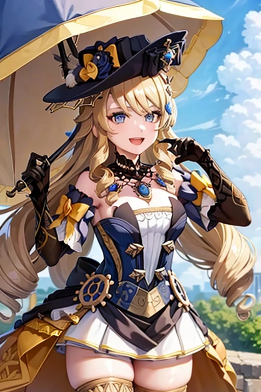 navia_gi, looking at viewer, smile, open mouth, skirt, thighhighs, gloves, hat, dress, holding, bare shoulders, standing, :d, outdoors, detached sleeves, sky, day, cloud, blue sky, umbrella, garter straps, drill hair, brown gloves, water drop, holding umbrella, brown headwear, rainbow