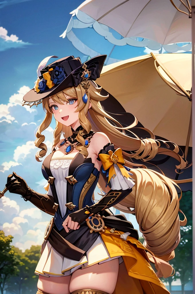 navia_gi, looking at viewer, smile, open mouth, skirt, thighhighs, gloves, hat, dress, holding, bare shoulders, standing, :d, outdoors, detached sleeves, sky, day, cloud, blue sky, umbrella, garter straps, drill hair, brown gloves, water drop, holding umbrella, brown headwear, rainbow