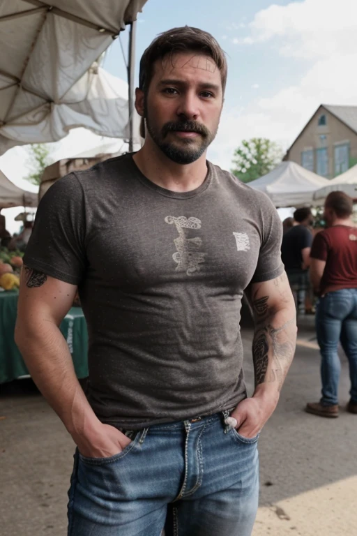 JordanBrandt, 45yo, short mustache and beard, wearing a t-shirt and  jeans, at the farmers market,  