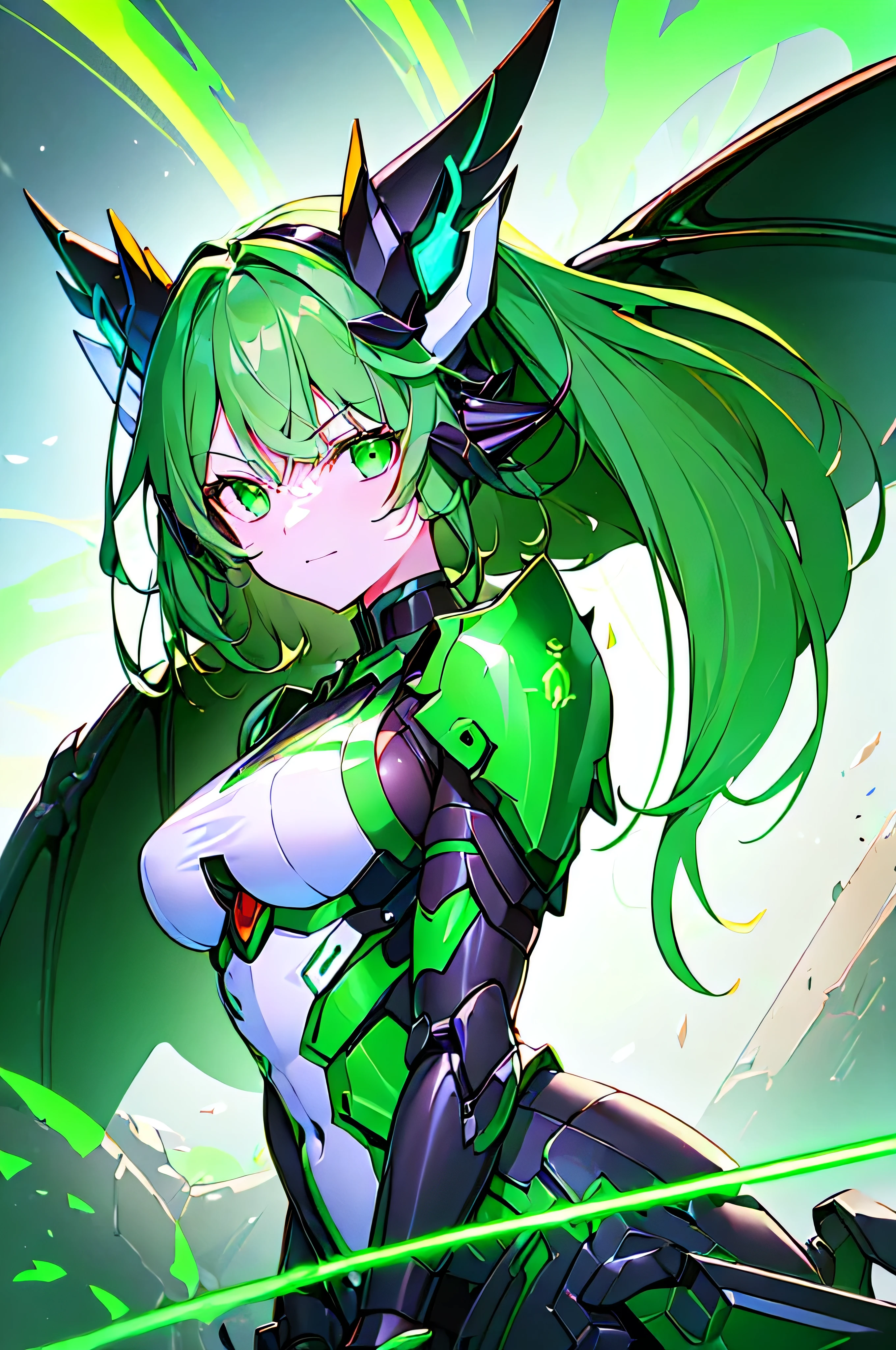 (((masterpiece))), (upper body), 1girl, solo, Green hair, long hair, Green eyes, (slant eyes), science fiction, (mecha musume:1.5), mechanical parts, headgear, doragon mechanical wings and tails, ((mechanical Black dragon Armor)), Evil smile face, ((neon light green)), Anime style