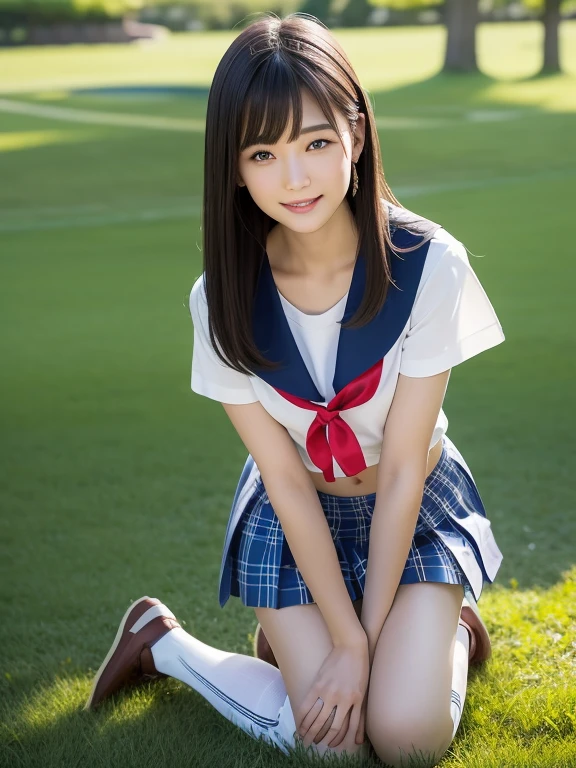 master piece, Best Quality,( Japan girl:1.5),(Looks like you're about to cry:1.3) ,(M-shaped legs spread on a park bench:1.8),(Summer clothes and hairpins for junior high  girls:1.8),eyes,(Small:1.7),(Smooth straight hair:1.5),(Slender body,Skinny Legs),A detailed eye,Very white skin,Letting down your bangs,Detailed body,Detailed hand,No makeup, Smile,