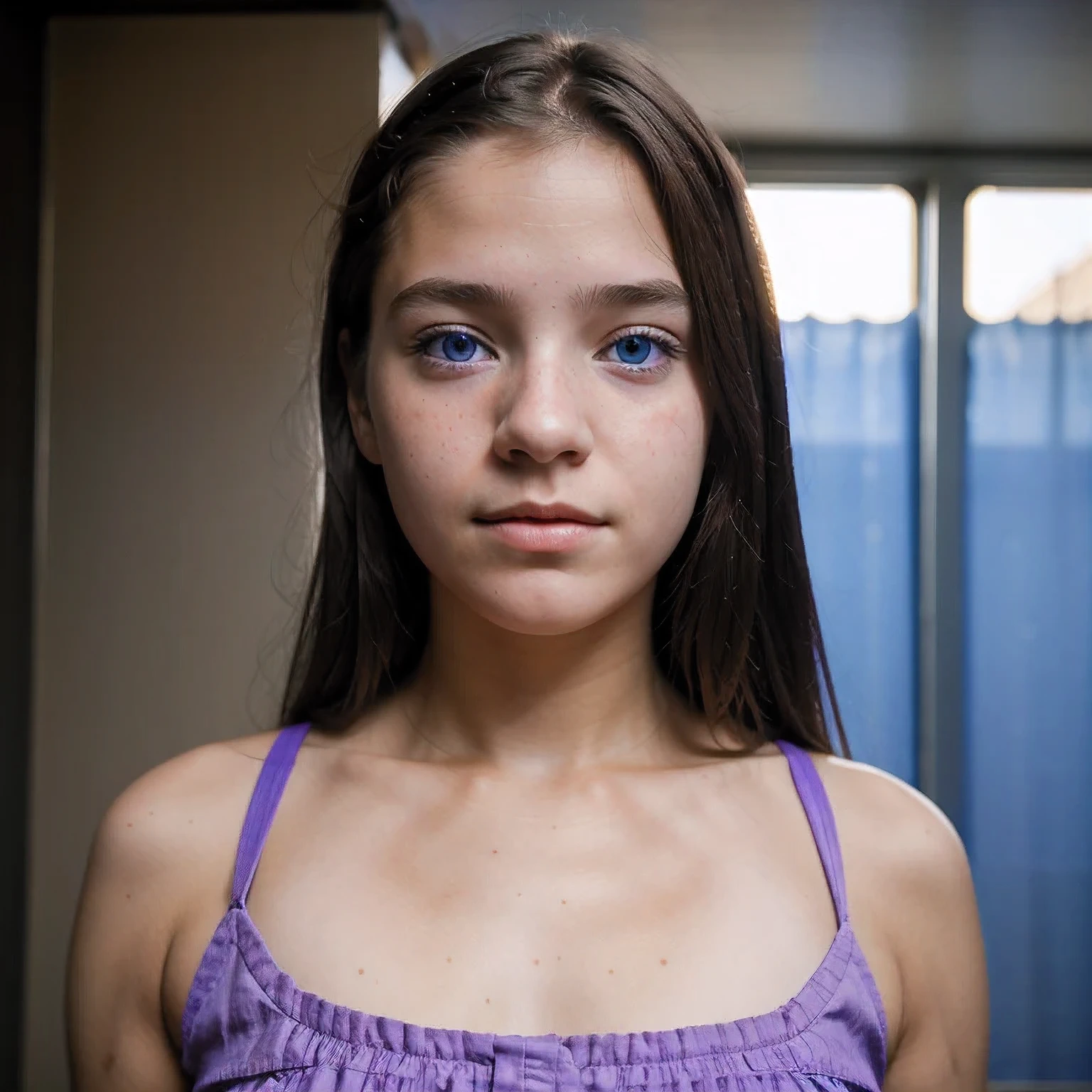 photo of a Columbia student，************, in Purple Pink, Linen coarse cloth, (freckles:0.8) Blush，cute face, scifi, dystopian, detailed eyes, cobalt blue eyes（（Side view））Shy