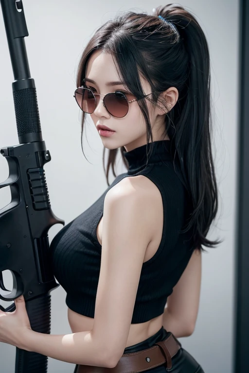 The image shows、Shown is a stylized female figure with black and white hair., Sunglasses on his head. It has a dark aesthetic., Wearing tight black clothing adorned with belts and metal parts. This person has、It has one visible eye with an intense gaze... He is holding a rifle and aiming it at the viewer... More figures in greyish tones appear to be depicted in the background... masterpiece, High resolution, Perfect Skin 