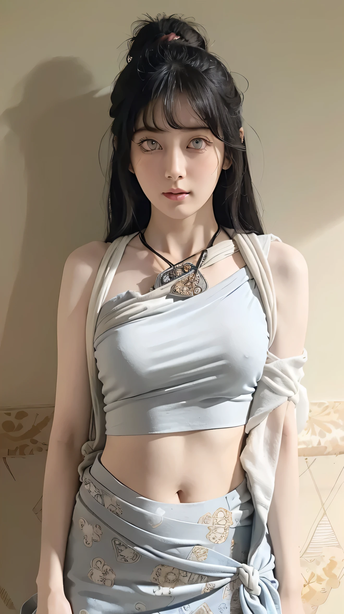Half-length photo, face close-up, face shot, a beautiful woman, messy hair, girly, Symmetrical bun, hair accessories, jewelry, delicate face, (sling: 1.5), (High slit lower skirt 1.7), (many patterns: 1.5), crop navel, open belly, Dunhuang style, many ribbons, delicate skin, soft light effect, delicate and Smooth hair, Exquisite details, Eye highlights, White skin, Delicate depiction,huge bearsts, extreme details, quality, thin, thin and long, shattered, hair details, thin bangs, Shawl hair, right body, shadow, air bangs, 8k, Super fine, fine fabric texture, soft, Smooth, Smooth texture, ((Dunhuang style)) )))), Exquisite pattern, correct hand painting,