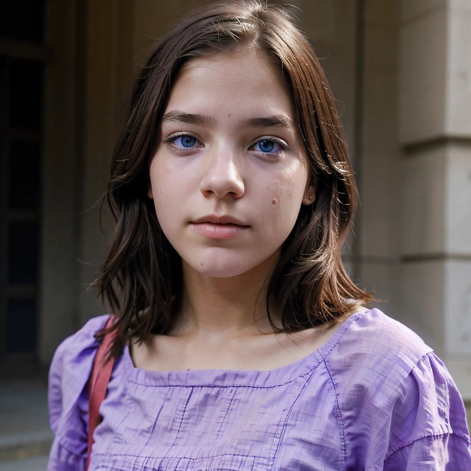 photo of a Columbia student，16 years old, in Purple Pink, Linen coarse cloth, (freckles:0.8) Blush，cute face, scifi, dystopian, detailed eyes, cobalt blue eyes（（Side view））Shy