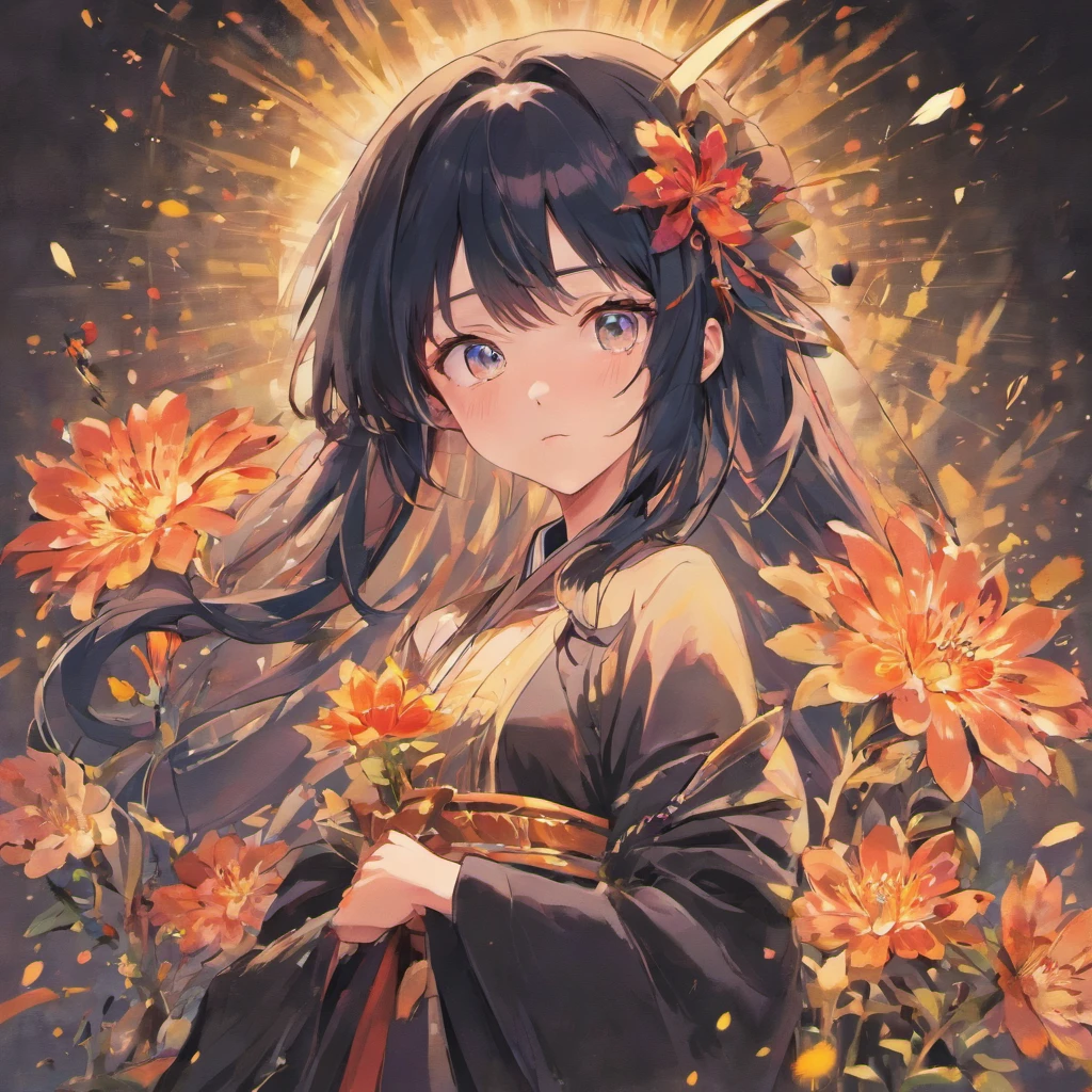 (best quality), detailed image, anime young woman, long black hair, blue eyes, holding flowers, slim face, hands and body, Japanese version