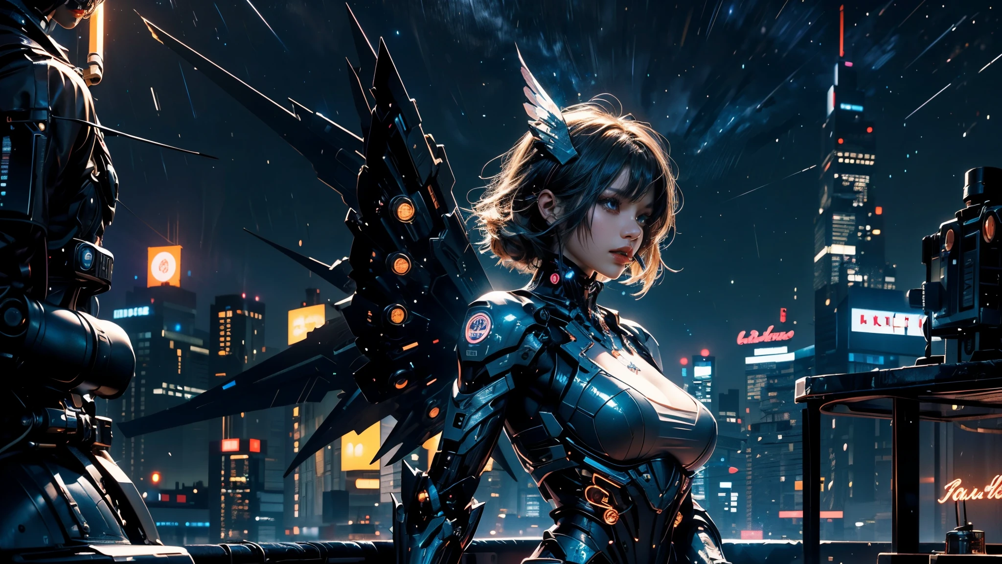 Best image quality，Excellent details，Ultra-high resolution，（Faithfulness：1.4），Best illustrations，Focus on details，daughter，Mecha Wings，The background is a futuristic city high tech lighting scene，bust，Large Breasts，((night:1.8))，Cyberpunk characters，cigarette，Volumetric Light