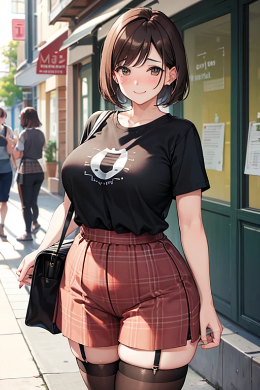 (1 mature woman:1.2), old, solo, brown hair, short bob, medium breast, chubby, thick thighs, T-shirt, (short, plaid culottes), (black stocking), BREAK, (blush), (embarrassed),  (beloved smile), (laugh:1.2), looking at viewer, on the street