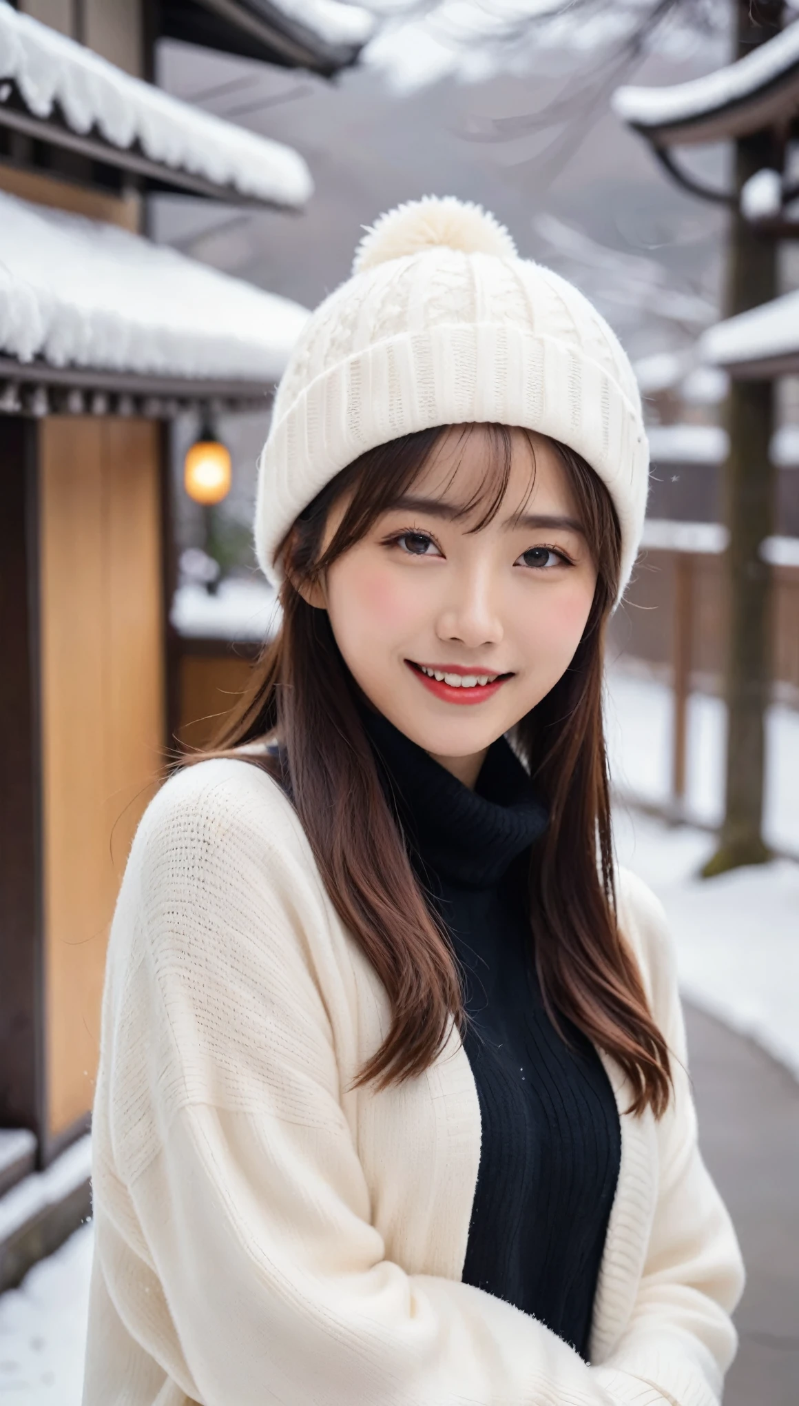 highest quality、masterpiece、Ultra-high resolution、live-action、4k、Beautiful Japanese Women、20 years old、Oversized white sweater、boots、black knit cap、Woolen gloves、A happy look、Brown Hair、Snow Scene、Playing in the snow
