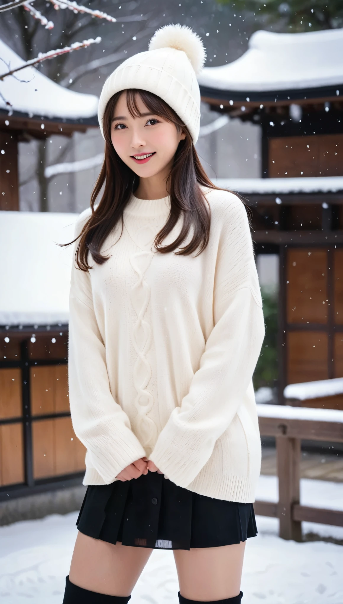 highest quality、masterpiece、Ultra-high resolution、live-action、4k、Beautiful Japanese Women、20 years old、Oversized white sweater、boots、black knit cap、Woolen gloves、A happy look、Brown Hair、Snow Scene、Playing in the snow
