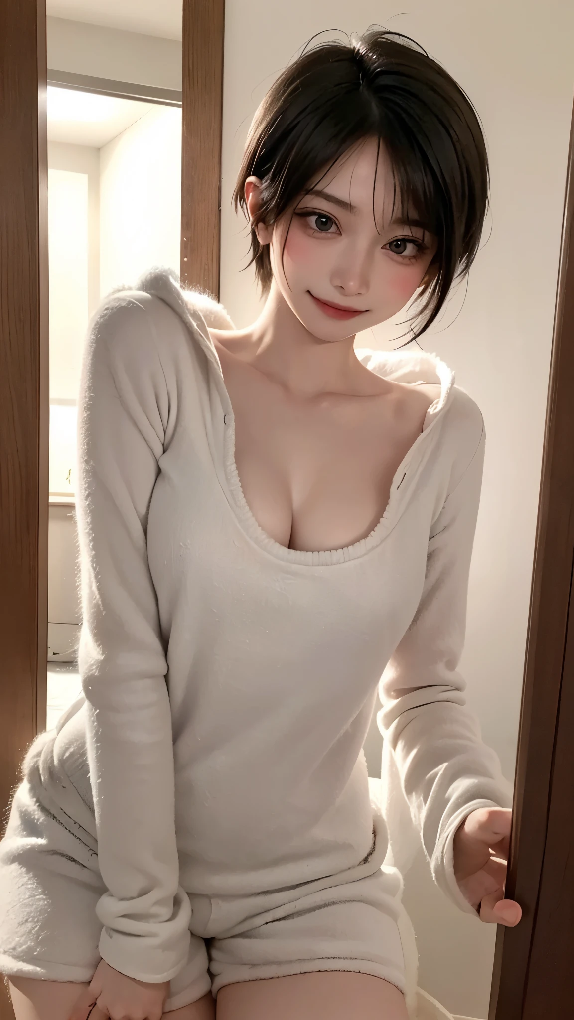 (tmasterpiece),(best qualtiy),8K,high detal,pov_doorway,1girl,blush,looking_at_viewer,cleavage,white hair,naked_apron,huge titasterpiece, highest quality, highest quality, Official Art, beautifully、beautiful:1.2, Cinema Lighting、Key light at 45 degrees from the front, Subsidy Light、Soft Backlight), Realistic depiction、photograph、Realistic depiction、Ultra-realistic、Raw Quality、
Beautiful face、Perfect round ass、the body is slim、(Accurate and detailed human body:1.5), Fit and body、Pale skin、Shiny, Bright Eyes、length eyelashes、
1 girl、alone、
accurate to the human body、Correct five-finger、The perfect human body、Knowledgeable person、Highly detailed face and skin texture、Natural neck length、(beautiful Hands)、beautiful, length, Thin legs、straighten both legs、Stretch your arms、
The perfect human body、Accurate human body、A perfect and accurate left hand、A perfect and accurate right hand、Perfect and precise fingers、
,Earrings,Big cleavage、
slim, (kind, Goddess-like eyes, happiness: 1.2), (Lip gloss, eyelash, Terrible face, highest quality, Ultra-high resolution, Wide Lighting, Natural Shading), Absolute area、
(((All these pajamaade from super soft fleece material.:1.8, zetai ryoiki, All these pajamaade from super soft fleece material shorts:1.3, Thick white horizontal stripes))),
Detailed Background、
Background Blur、Detailed and beautiful background
((Random hand gestures)),
(Blonde pixie short hair:1.3)、
Accurate 5-finger、Accurate human body、Perfect human body、(Little devil face:1.2, Little Devil Smile:1.3),
(((Big Breasts))),Bold Pose、sexy、Sensually、Ecstatic face、Being spoiled and pampered、Wide leg、(Sensual ecstatic smile:1.5)、indoor、Random Apartment Room Background、Window with a night view、(Pov, POV doorway:1.5)、(open door after orgasm:1.8, orgasm:1.2, Vulgarity、ahego, steam,sweat)
