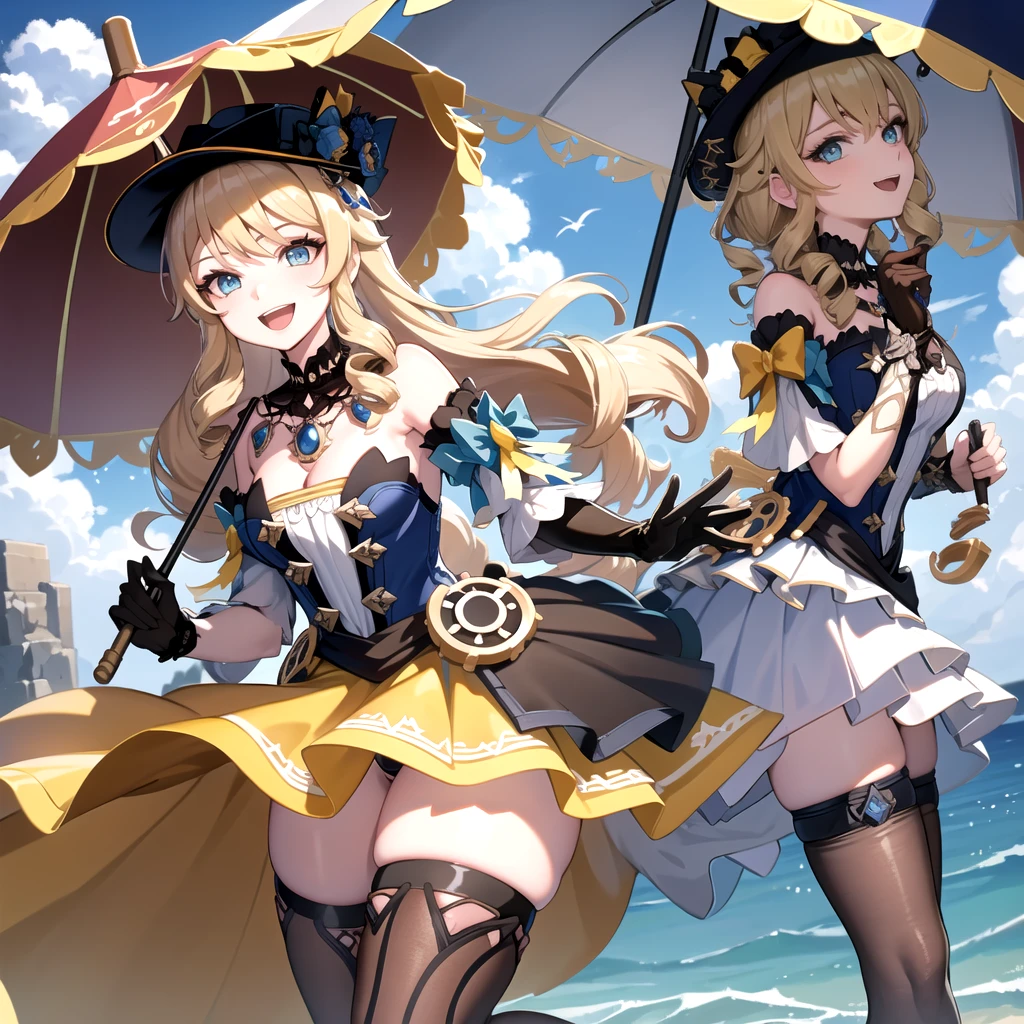 navia_gi, looking at viewer, smile, open mouth, skirt, thighhighs, gloves, hat, dress, holding, bare shoulders, standing, :d, outdoors, detached sleeves, sky, day, cloud, blue sky, umbrella, garter straps, drill hair, brown gloves, water drop, holding umbrella, brown headwear, rainbow