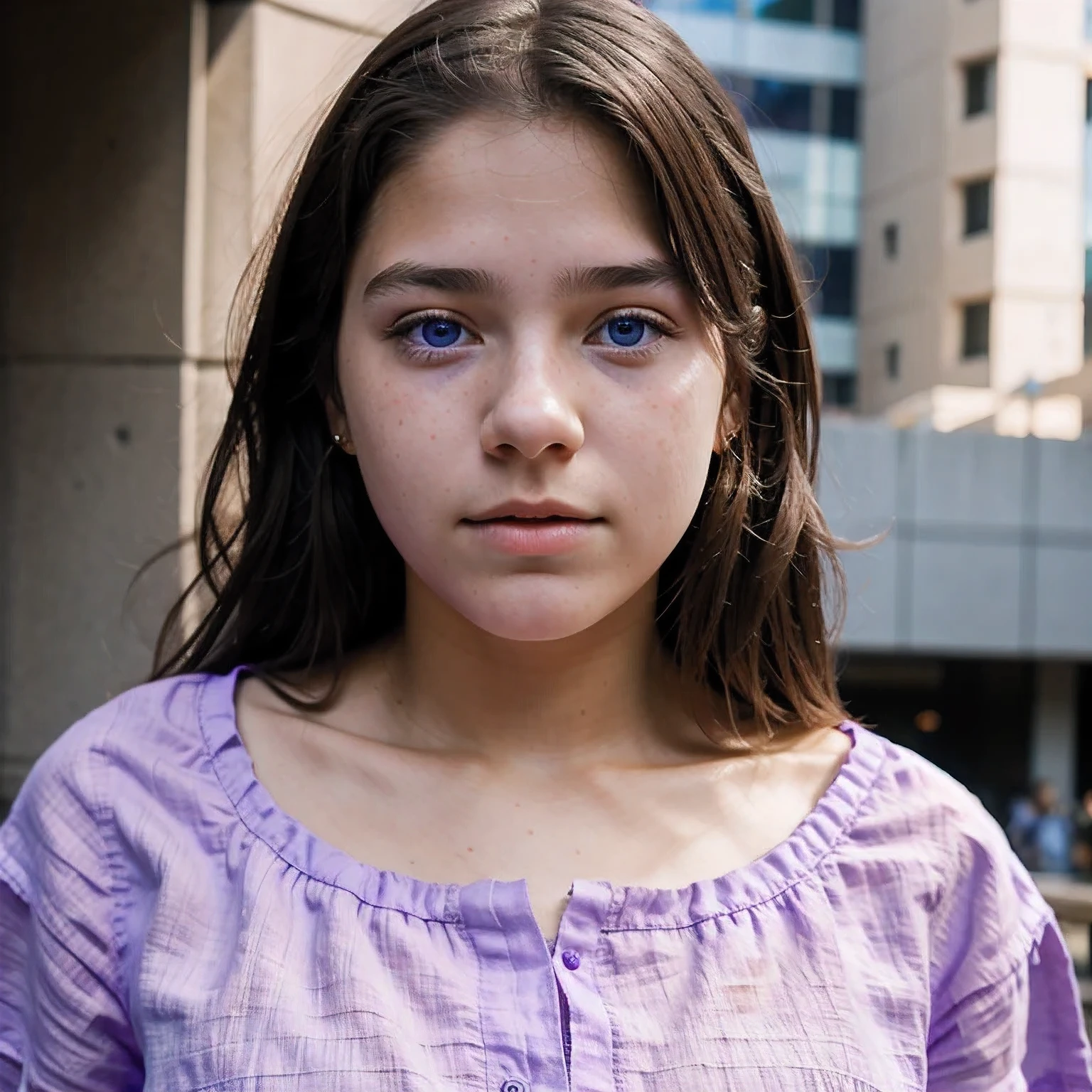 photo of a Columbia student，, in Purple Pink, Linen coarse cloth, (freckles:0.8) Blush，cute face, scifi, dystopian, detailed eyes, cobalt blue eyes（（Side view））Shy