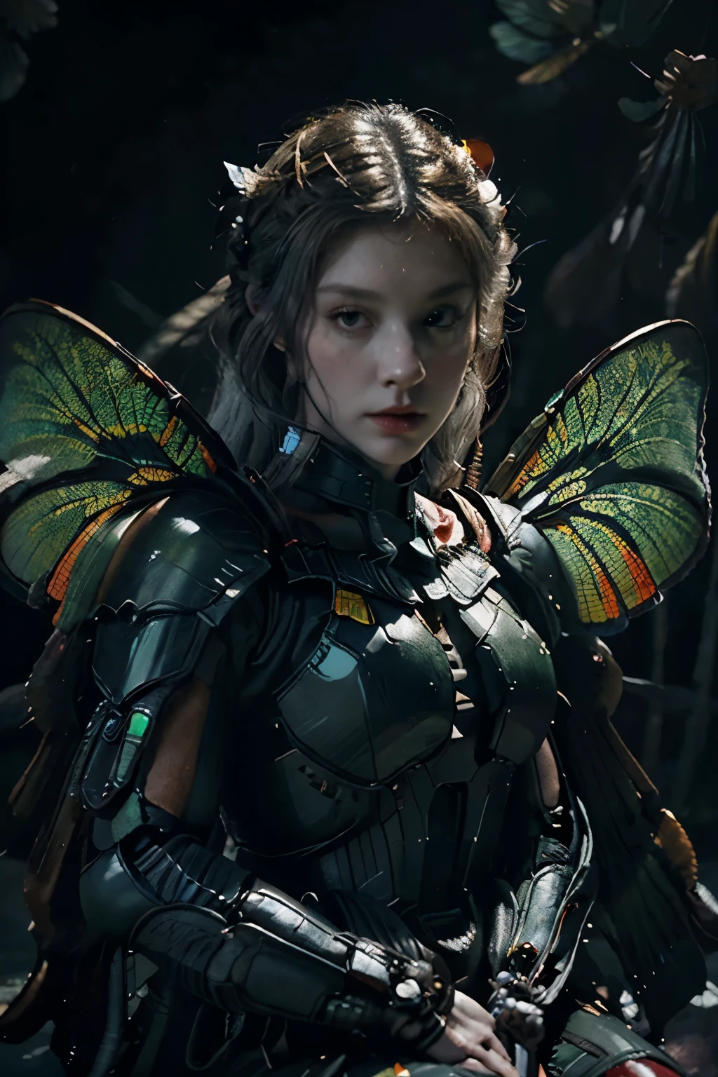 (realistic:1.3) HD, High quality, Cinematic lighting, wide angle, (shallow focus:1.4), )(Caravaggio:1.3), (Chiaroscuro:1.4), (Gundam style:1.3). Dark, cosmic horror, (psychedelic:1.3). Ancients, Gods, Esoteric, ominous Alien. Beautiful and Elegant Goddess, (Very Clear Dragonfly Wings:1.5), Sitting cross-legged, (Fantastic grey hair:1.3). Black, Red, and Royal Green Military-styled multilayered bio-mechanical paneled armor, brilliant colours. Subtle red and yellow glowing neon light emanates from beneath some of her biomechanical parts. Atmospheric (glowing:1.3), Nebulous, hazy, dark misty atmospheric background,