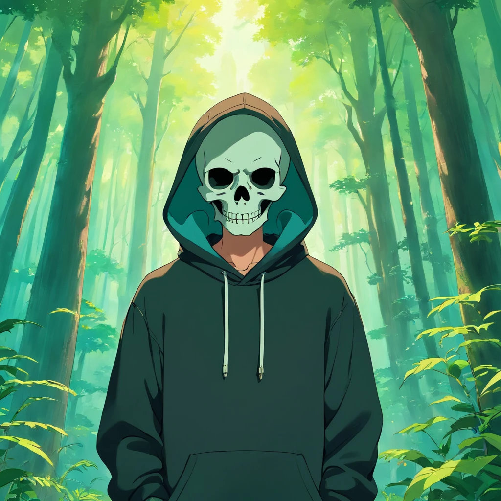 A man with a skull mask, swearing black hoodie, smoking, relaxing in a beautiful lush forest.