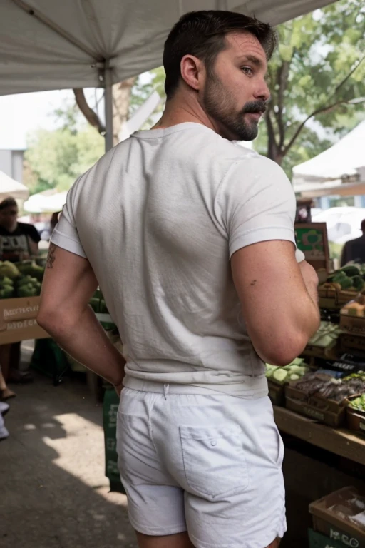 JordanBrandt, 45yo, short mustache and beard, wearing a t-shirt and  white shorts, at the farmers market,  backside 