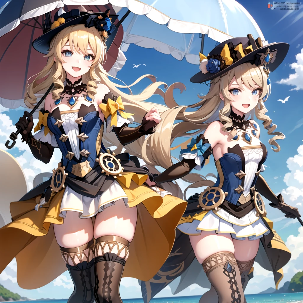 navia_gi, looking at viewer, smile, open mouth, skirt, thighhighs, gloves, hat, dress, holding, bare shoulders, standing, :d, outdoors, detached sleeves, sky, day, cloud, blue sky, umbrella, garter straps, drill hair, brown gloves, water drop, holding umbrella, brown headwear, rainbow