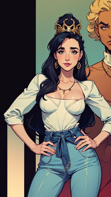 Com um dragão Ennifer Connelly, very long to the waist and half curly with bangs, seios pequenos, olhos grandes com um brilho apaixonado, olhos verdes mel, Um lindo sorriso, vestindo uma camiseta preta longa com um terno feminino verde e jeans, in a serious and sweet comic-style pose, alta qualidade Jennifer Connelly personagem mulher estilo Jennifer Connelly com marcas de guerras Imagem de desenho animado de uma mulher .Ilustra??o estilo desenho animado, estilo de arte dos desenhos animados, estilo de arte dos desenhos animados, digital illustration style, estilo atompunk projeto de pessoaagens altamente detalhado, arte digital detalhada coragem, Forest fan art, Design de personagens de retrato, beautiful digital illustration, retrato de alta qualidade, Arte em quadrinhos, mulher jovem cabelo com transas lindas . Queen Anna by Jennifer Connelly lined eyes Medium large bust and wonderful sexy clothes. image expression of sexual desire from waist to head illustration Queen Anne of Arendelle atompunk style Fallout 4 style pose playboy magazine sensual witch Character cartoon style facial expression happy beautiful smile and six medium small portrait mode waist up with lots of gold around her other stones portrait precious mode waist up queen of the south Jennifer Connelly GTA scenery dominatrix gold coins chest with jewelry with her boyfriend, um homem com barba preta, armado com um estilo militar, Jennifer Connelly Turnaround sheet Creates multiple images in different poses of the same cartoon character:1.2), Woman from Southern Brazil Drawing Art Gaucho Artline white background woman Cartoon image of a woman , roupas sensuais , garota Personagens GTA estilo artgerm femininas Yvonne Strahovski estilo de desenho garota,, pequeno, Shy, bunda grande, catholic nun outfit , dynamic pose, Quente, soft or colored lips, fundo simples, perfect hands, anatomia perfeita, Apoie-se no estilo cartoon de Jennifer Connelly