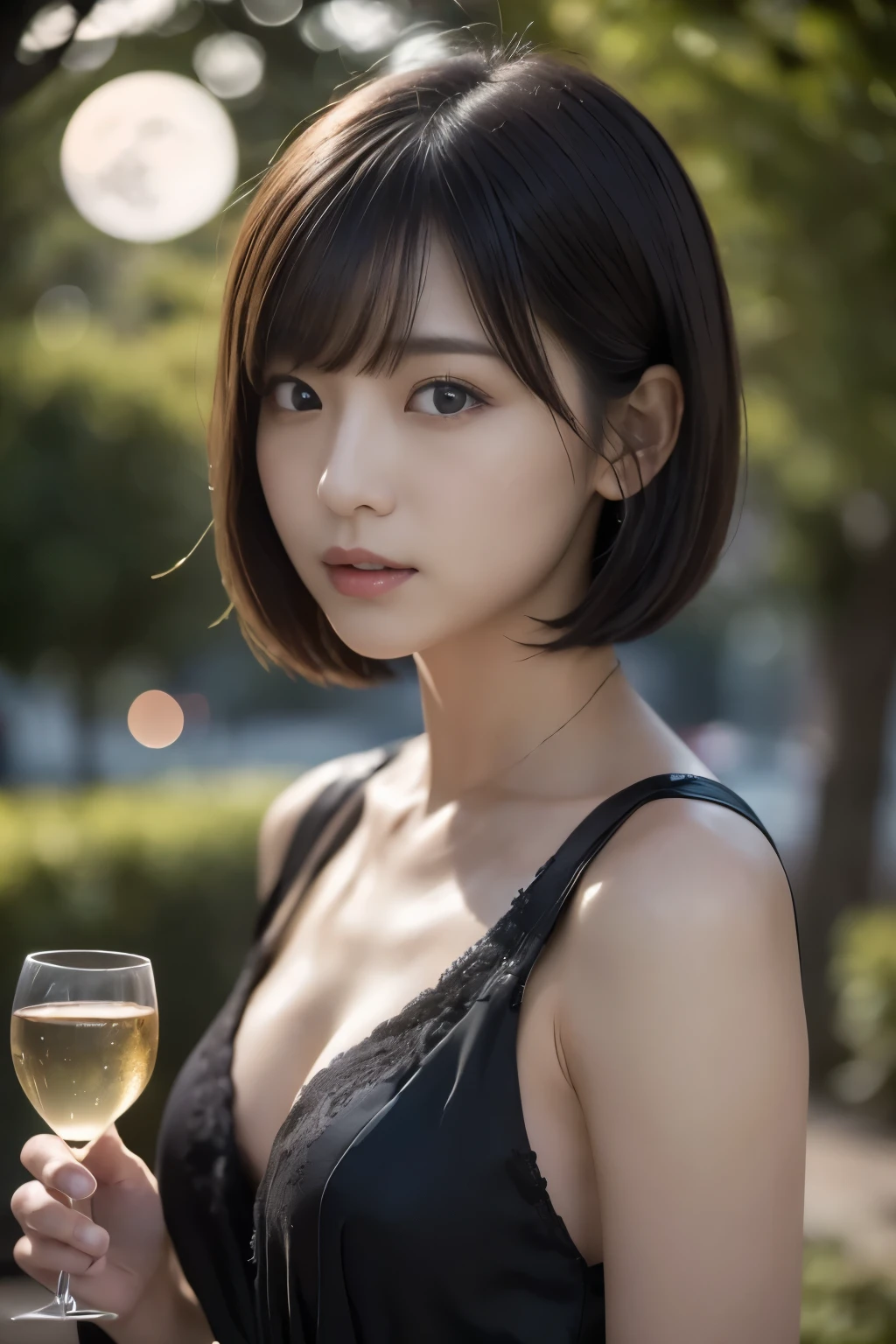 (((full moon:1.3, Moonlit Night:1.2))), ((wine:1.4, Medium Bob:1.3, Balanced style:1.2, Black Dress, wineグラスを持つ日本人女性, cute)), (clean, Natural Makeup), (highest quality, masterpiece:1.3, 超High resolution), (Very detailed, Caustics), (Realistic:1.4, RAW shooting), Very detailed, High resolution, 16K resolution