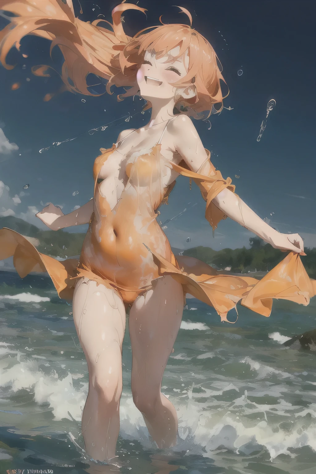 ,Big Breasts,Happy, wreathed in flame,Sundress, abundant,Gradient, extreme,color, Extreme,detail, Clear light perception, butt, (many, Impressionism, painting), Anime Characters,flowing flame,Disheveled,Clothing that fits snugly,broken,Chest contour,(((Wet clothing))),Tube Top,(((Ultra-thin clothing))),(Body model),((Flesh outline)),Grinning, blush,Hyperactive expression,Cover the crotch,water,wind,land,enchanting,
