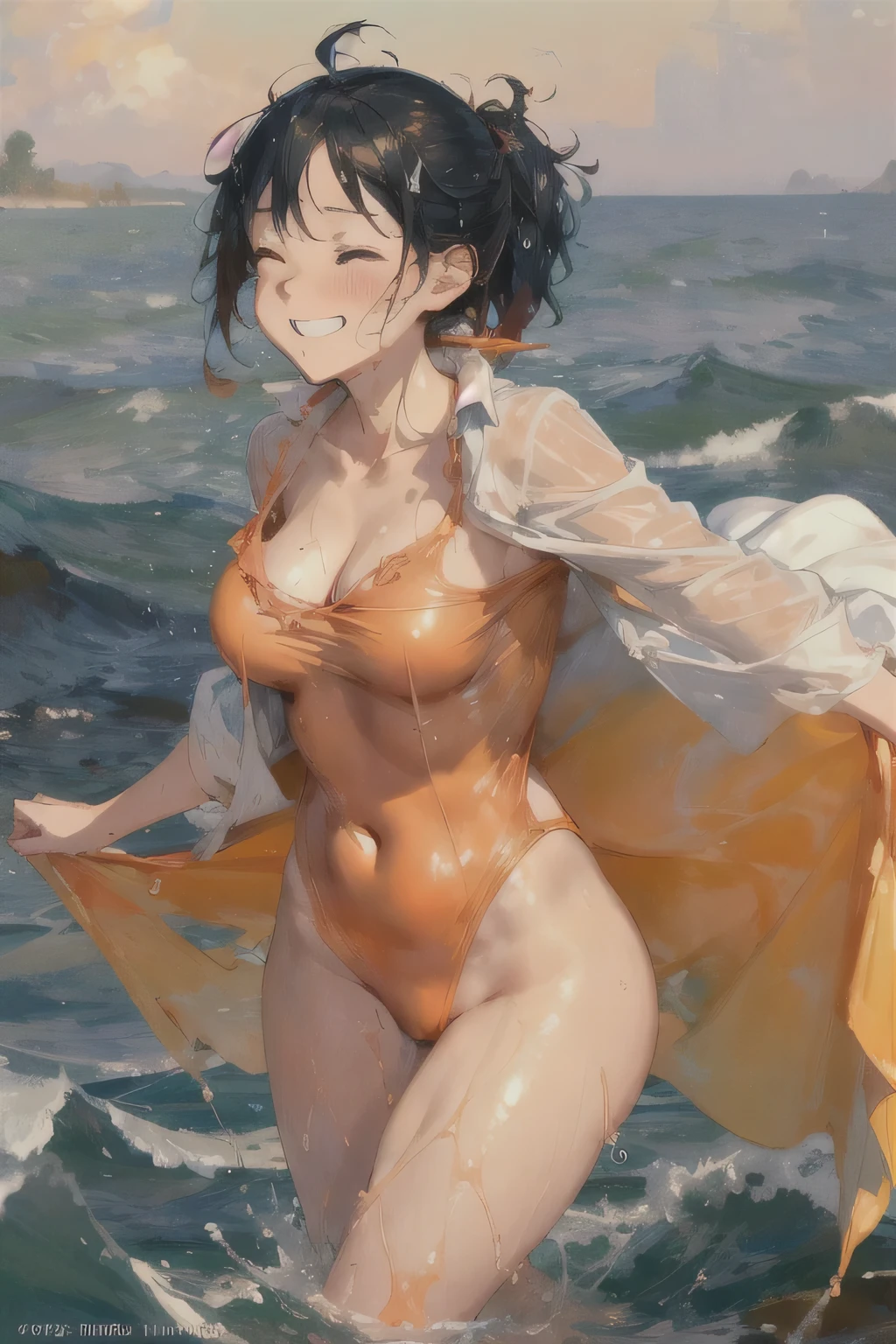 ,Big Breasts,Happy, wreathed in flame,Sundress, abundant,Gradient, extreme,color, Extreme,detail, Clear light perception, butt, (many, Impressionism, painting), Anime Characters,flowing flame,Disheveled,Clothing that fits snugly,broken,Chest contour,(((Wet clothing))),Tube Top,(((Ultra-thin clothing))),(Body model),((Flesh outline)),Grinning, blush,Hyperactive expression,Cover the crotch,water,wind,land,enchanting,