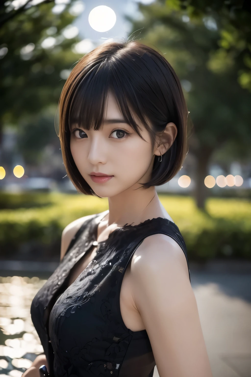 (((full moon:1.3, Moonlit Night:1.2))), ((wine:1.4, Medium Bob:1.3, Balanced style:1.2, Black Dress, wineグラスを持つ日本人女性, cute)), (clean, Natural Makeup), (highest quality, masterpiece:1.3, 超High resolution), (Very detailed, Caustics), (Realistic:1.4, RAW shooting), Very detailed, High resolution, 16K resolution